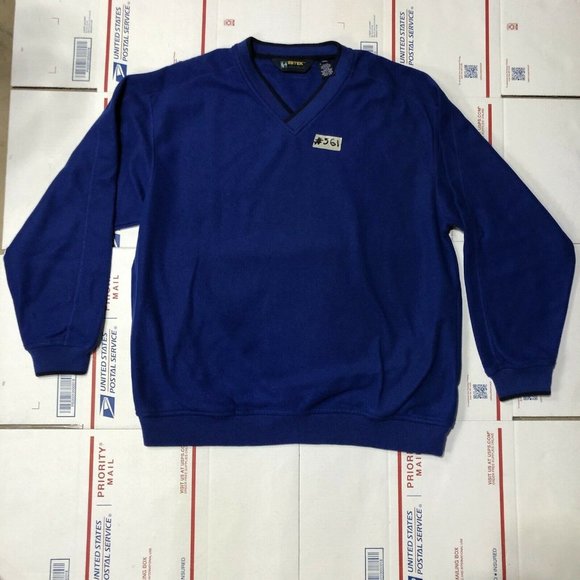 EBTEK Eddie Bauer Mens Vintage Golf Size M Fleece V-Neck Blue Sweater - Picture 2 of 6